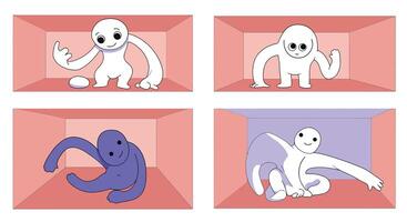 Animated characters transitioning between playful poses in colorful environments vector
