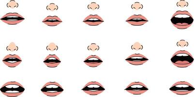 Sequence of lips showing various expressions and mouth movements in a playful style vector