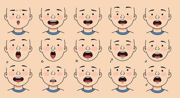 Multiple facial expressions of a cartoon character showcasing various emotions and reactions vector