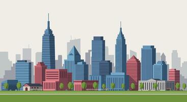 Colorful city skyline with modern buildings and green park in foreground vector