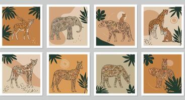 Colorful animal illustrations featuring giraffe, elephant, leopard, and more in a stylish layout vector