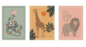 Colorful illustrations of a snake, giraffe, and lion in artistic frames vector