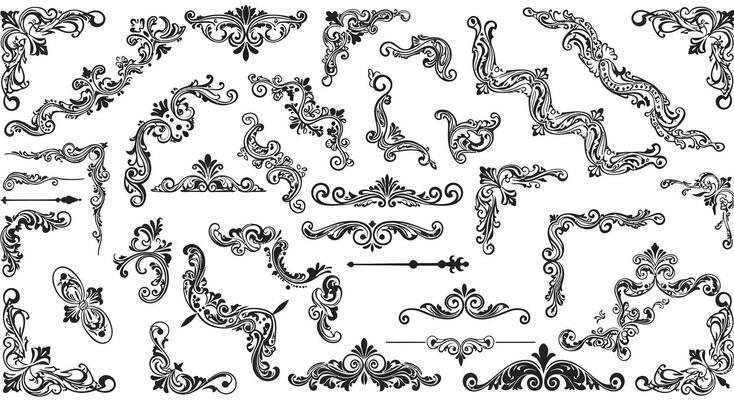 Decorative black and white vintage flourishes and borders in intricate designs and patterns