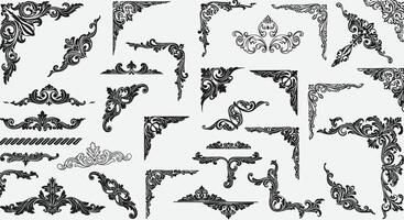 Intricate black and white corner designs showcasing ornate decorative elements and patterns vector