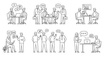 Professional interactions depicted in illustrated frames showcasing teamwork and communication in meetings vector