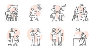 Series of interactions between people discussing ideas in a professional setting vector