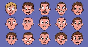 Collection of cartoon facial expressions showing various emotions and reactions in a grid format vector