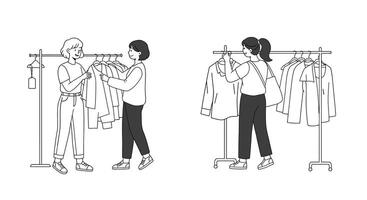 Two people adjusting clothing on a rack in a retail setting, showcasing teamwork vector