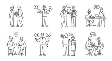 Two groups of people communicating in various professional settings and scenarios vector