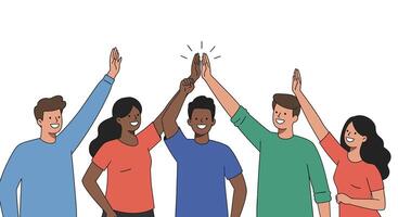 Group of diverse people celebrating with hands raised in joyful unity vector