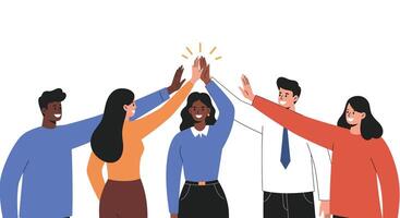 Diverse group of people celebrating success with high fives and smiles in a bright setting vector
