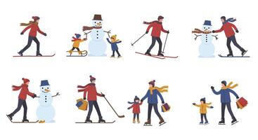Family enjoying winter activities with snowman and skiing in a festive atmosphere vector