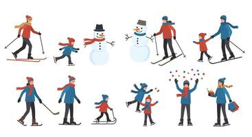 Families enjoying winter activities with snowmen, skiing, and ice skating in a snowy landscape vector