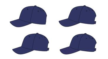 Four views of a navy blue baseball cap and showcasing different angles and details vector