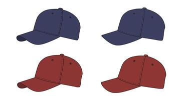 Two sets of baseball caps in blue and red displayed in four variations vector