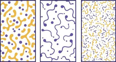 Colorful abstract patterns showcasing vibrant shapes and lines in three distinct frames vector