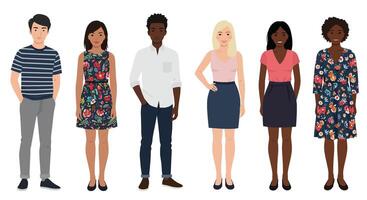 Six diverse individuals standing side by side in casual clothing, showcasing unique styles and expressions vector
