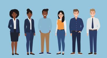 Group of diverse professionals standing together in a friendly, collaborative environment vector