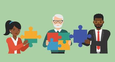 Three diverse individuals collaborating with colorful puzzle pieces in a teamwork setting vector