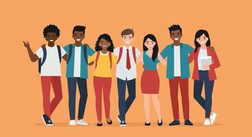 Group of diverse friends standing together, smiling and posing for a photo vector