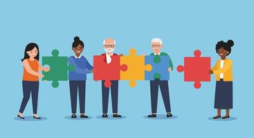 Diverse group of people holding colorful puzzle pieces in a collaborative setting vector