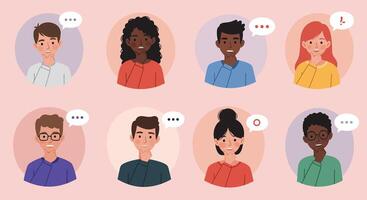 Diverse group of people expressing various emotions in colorful illustrations vector