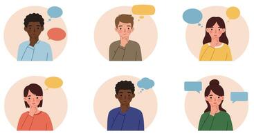 Six diverse characters displaying various emotions and expressions in conversation bubbles vector