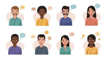 Eight cartoon characters displaying various emotions and expressions in conversation bubbles vector