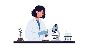 Scientist examining plant samples with microscope in detailed flat art vector