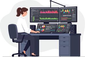 Woman working at a digital desk with multiple screens in a flat illustration vector