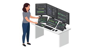 Woman interacting with multiple screens in flat digital workspace art vector