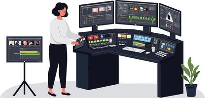 Woman operating multiple screens in a flat design style art vector