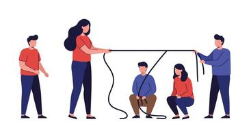 Group of people participating in an interactive activity using minimal art illustration vector