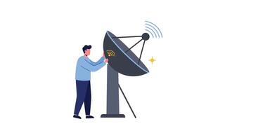 Satellite dish setup illustration featuring a man in flat art vector