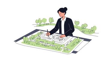 Architect designing a building layout with greenery in flat art vector