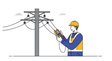 Electrician working on power lines and in flat illustration style vector