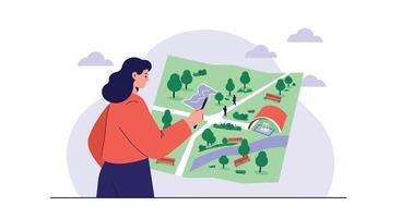 Woman exploring a map in a flat and colorful style illustration vector