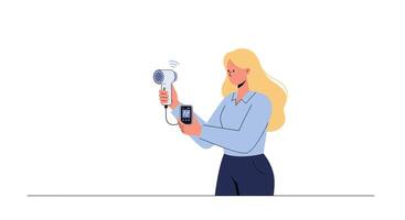 Woman using handheld fan while checking smartphone in flat art vector