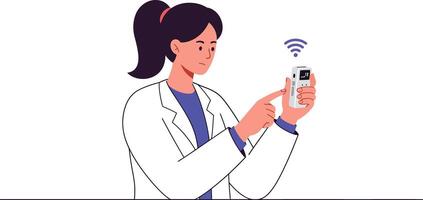 Medical professional using device to capture data in flat art vector