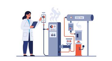 Scientist analyzing equipment in laboratory with modern design style illustration vector