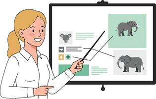 Woman presenting animal facts with pointer in minimal flat art vector