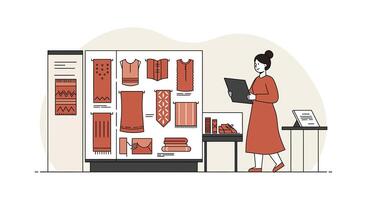 Woman browsing textile display in minimal flat design art vector