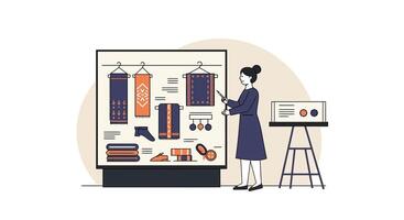 Woman presenting colorful textiles in minimal flat design art vector