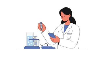 Scientist in lab coat conducting experiments with lab equipment in flat art vector
