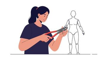 Woman using pliers to create a mannequin in flat art vector