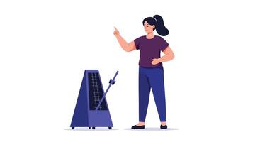 Woman using a metronome with a confident gesture in flat art vector