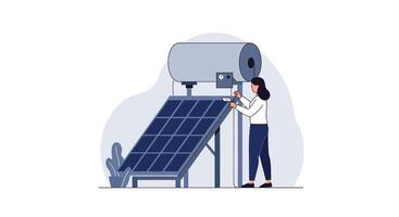 Technician inspecting solar panel system in minimal flat art vector
