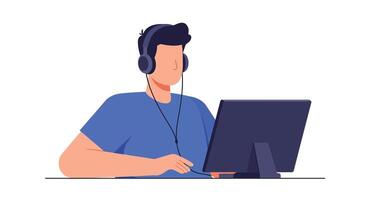 Person using computer with headphones in flat modern design art vector