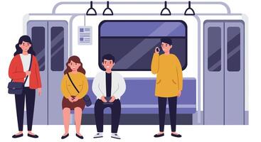 Group of people waiting inside a subway train in flat illustration vector