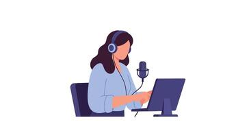 Woman using computer with microphone in flat art style vector